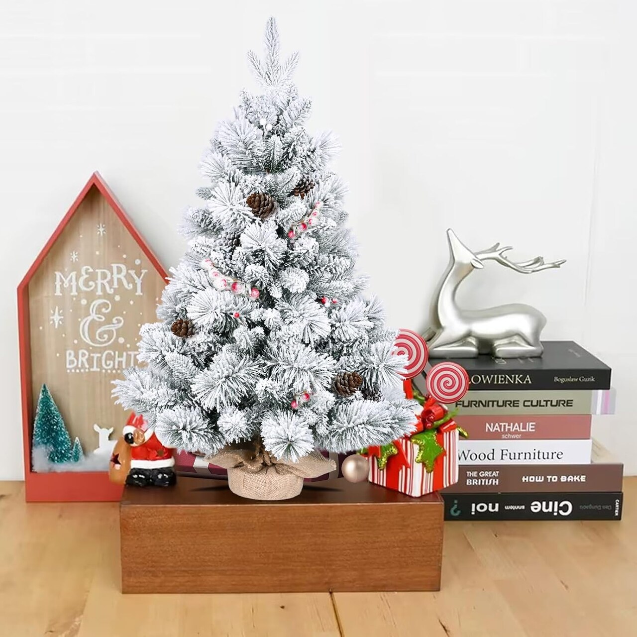 3FT Artificial Christmas Tree with Berries for Tabletop (White) 21"D x 21"W x 36"H